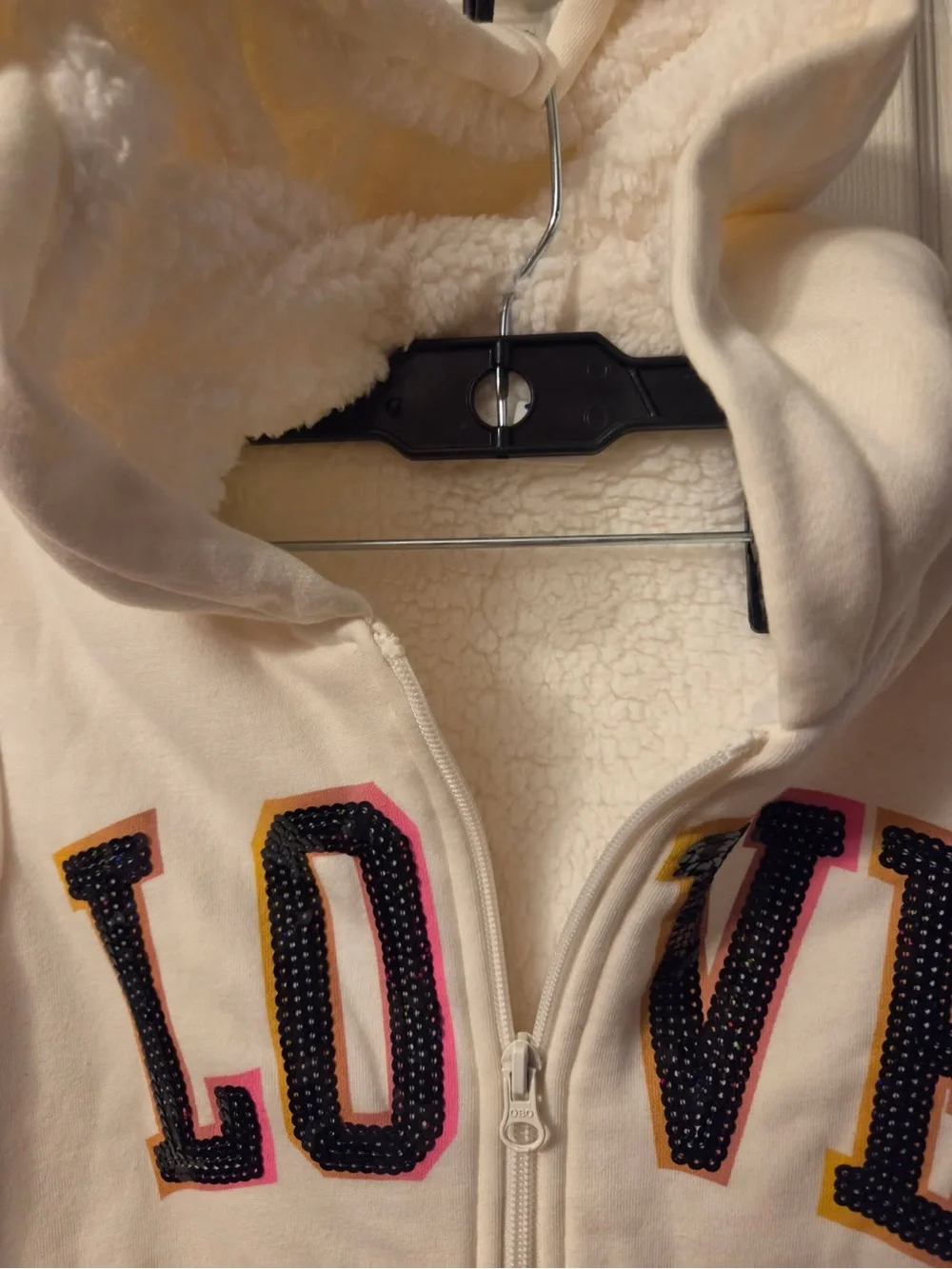 Old Navy Cream Girls' Hooded Zip-Up Sweatshirt with 'LOVE' Appliqué